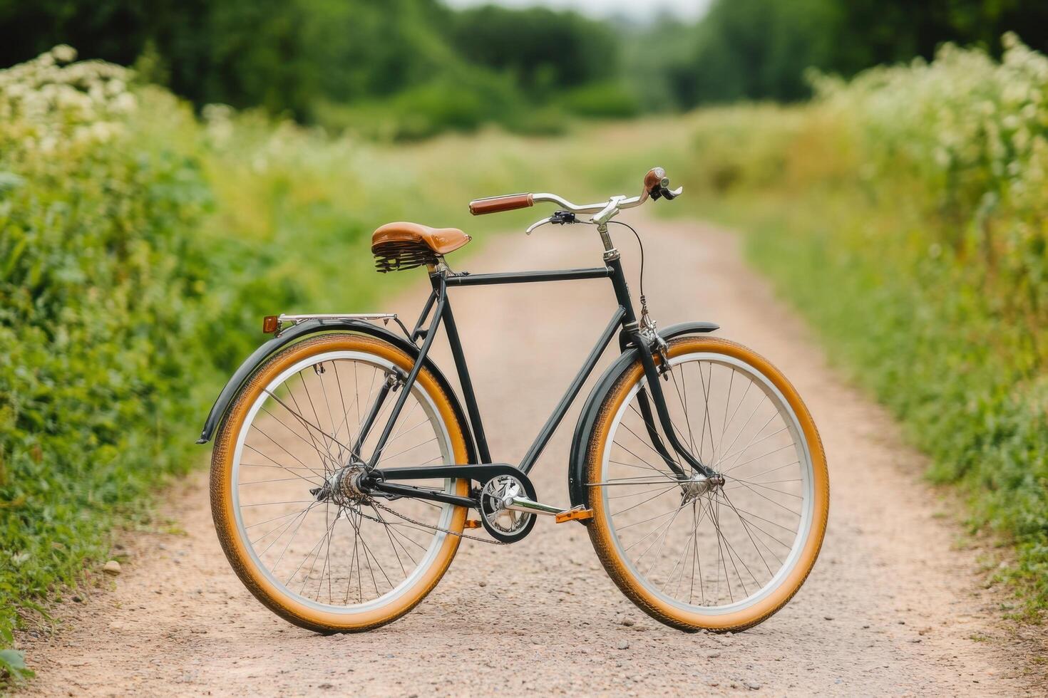 Vintage Bicycle on a Country Road A Summer Cycling Journey. Explore nature's beauty on a retro bike ride. Perfect for travel, leisure, and outdoor activities. photo