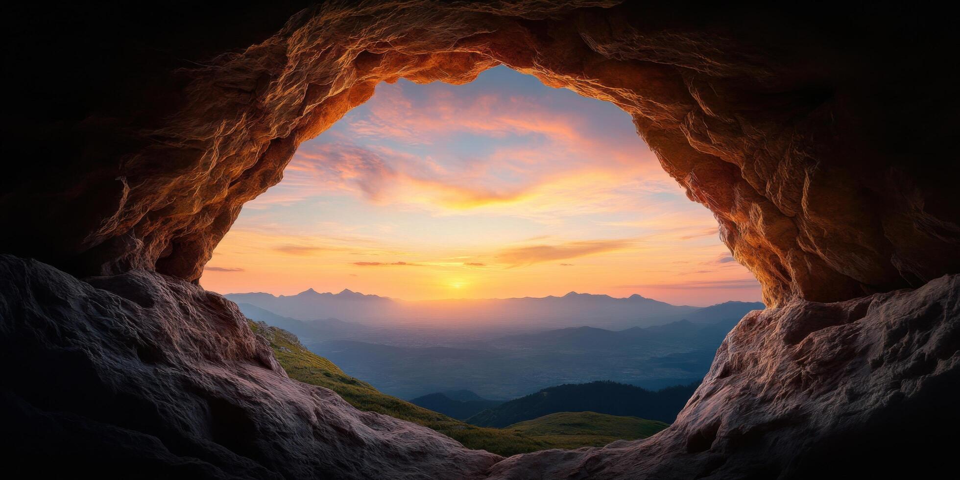 Majestic Sunset View from a Cave Breathtaking Mountain Panorama at Golden Hour. Peaceful nature scene, scenic landscape, tranquil vista, rocks, stones, hills, and valleys. photo