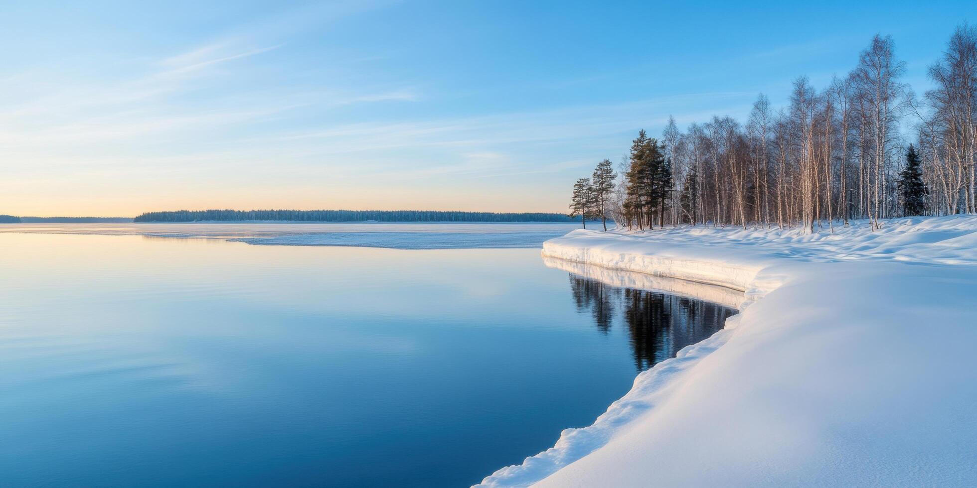 Stunning Winter Landscape Serenity of a Frozen Lake and Snow Covered Shore. A breathtaking view of nature's beauty in the tranquil winter season. Perfect for desktop or phone wallpaper. photo