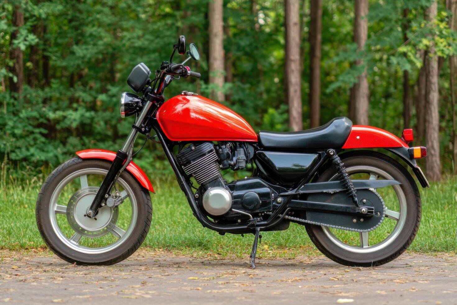 Red Classic Vintage Motorcycle in a Forest Setting A Stunning Image of a Retro Custom Bike, Perfect for Enthusiasts and Collectors. photo