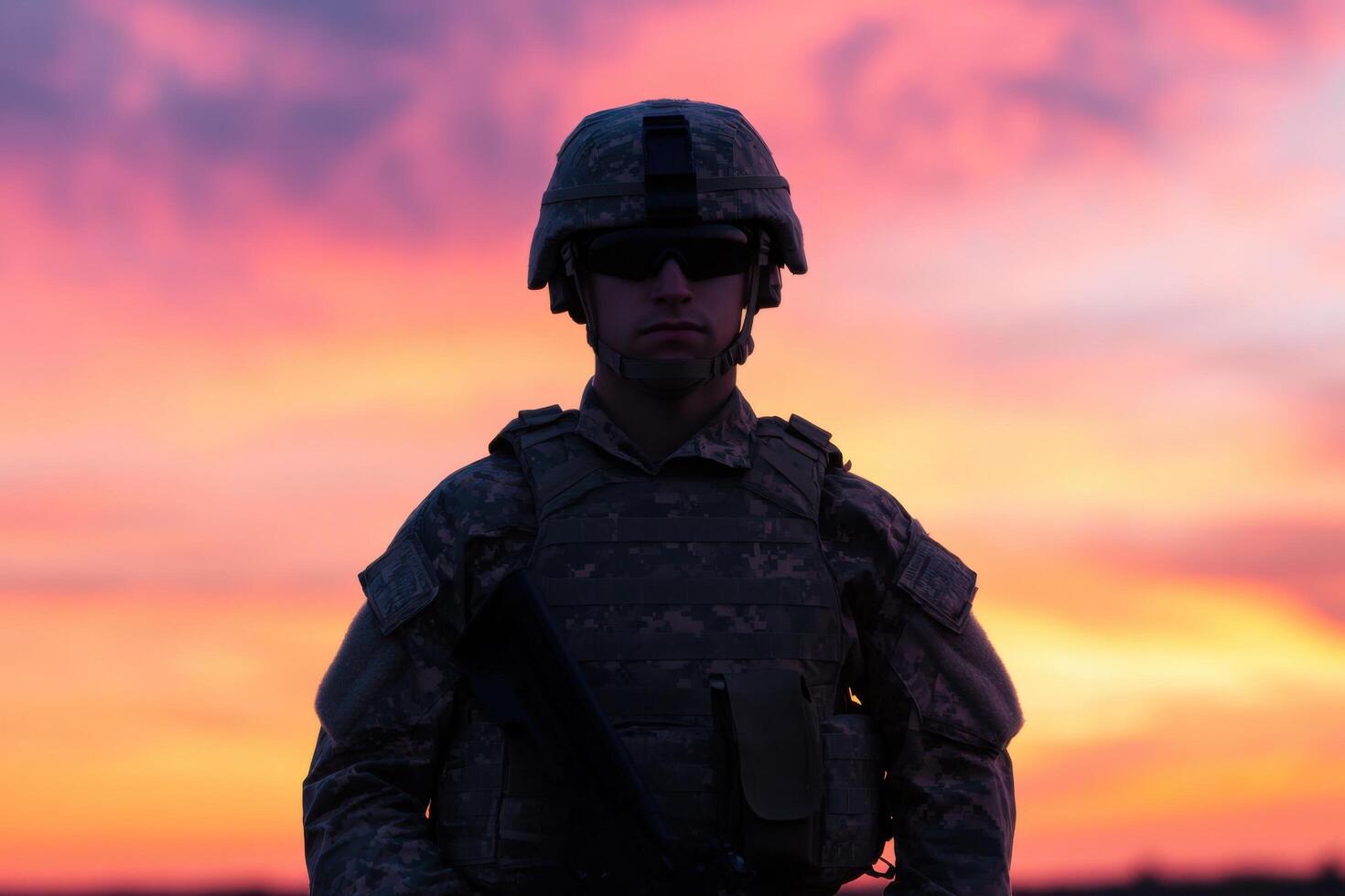 Silhouette of a soldier at sunset. A powerful image representing military service, courage, and the hope for peace. The vibrant sunset colors create a dramatic backdrop for this poignant scene. photo