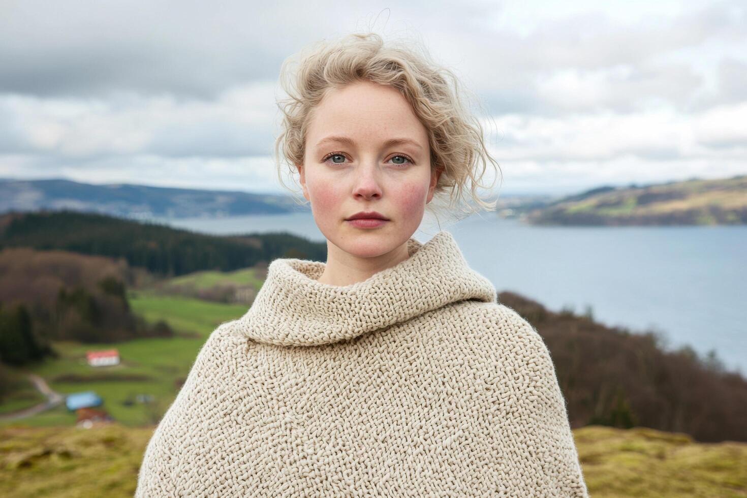 Serene Woman in Knitwear, Peaceful Landscape View. Blonde female model in a cozy poncho against a backdrop of tranquil lake and hills. Autumn or winter fashion photography. photo
