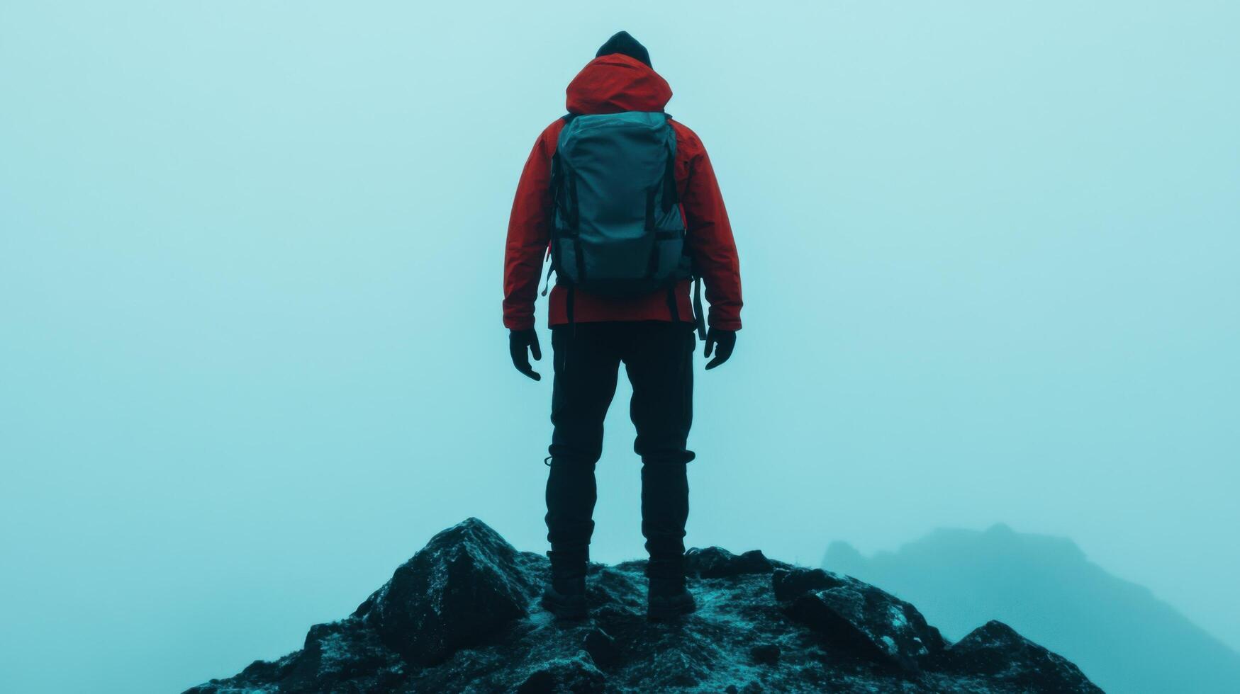 A lone hiker stands on a foggy mountain peak, enjoying the serene landscape and the vast view. This image embodies adventure, exploration, and the beauty of nature's wonders. photo