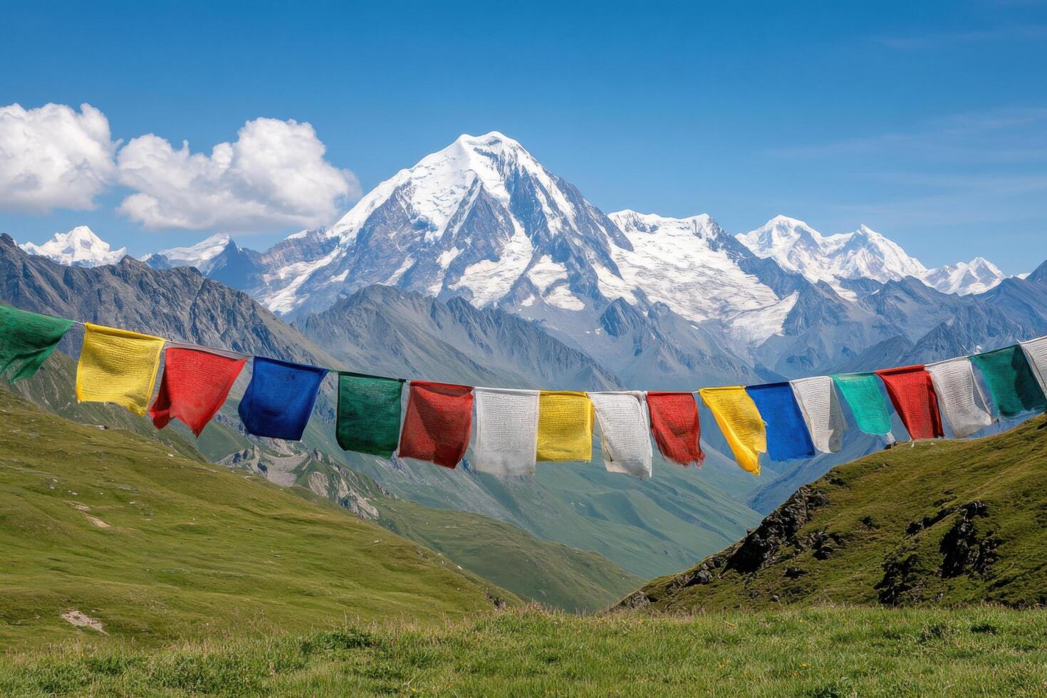 Majestic Mountain Landscape with Colorful Prayer Flags Serenity and Spirituality in Nature photo