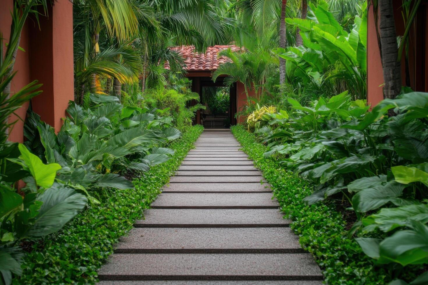 Serene Stone Path Through Lush Tropical Garden A Tranquil Oasis in a Luxurious Landscape photo