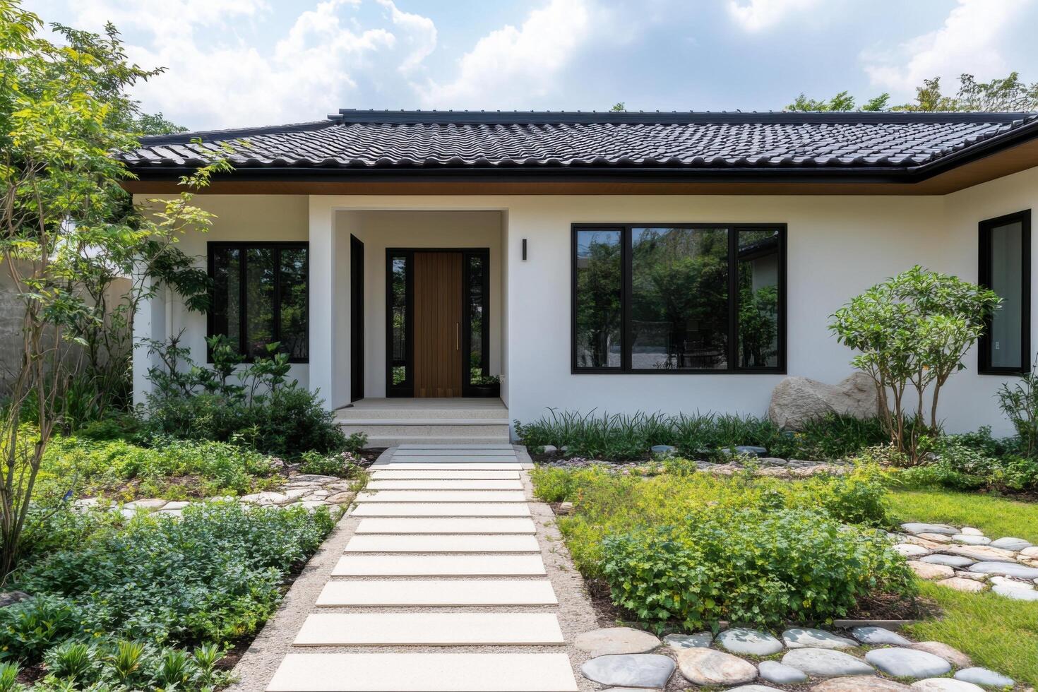 Modern Minimalist House Exterior Contemporary Home Design with Landscaped Garden and Stone Pathway photo