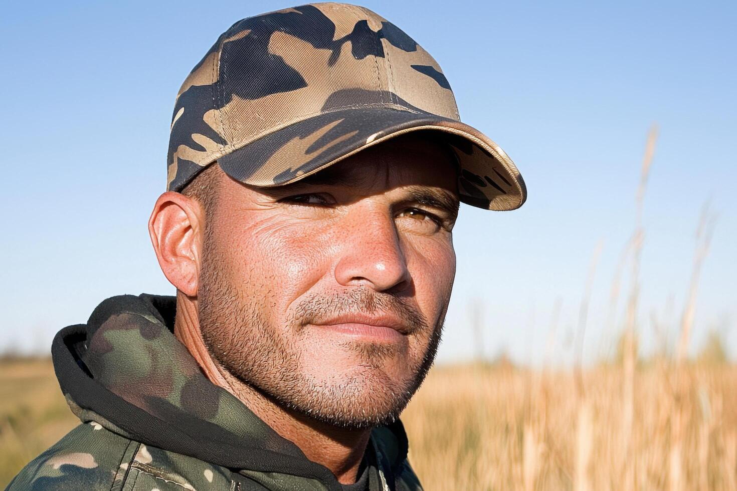 Portrait of a Man in Camouflage Hat Outdoors. A serious, shot of a man with a beard, wearing a camouflage hat and jacket, standin photo