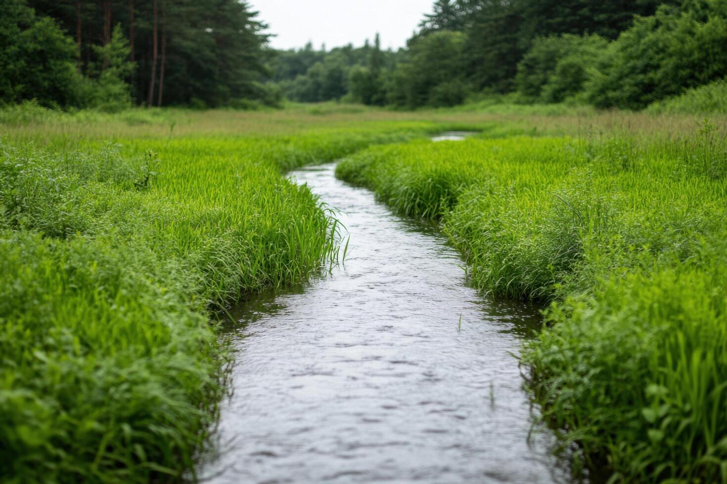 Serene Creek Winding Through Lush Green Meadow photo