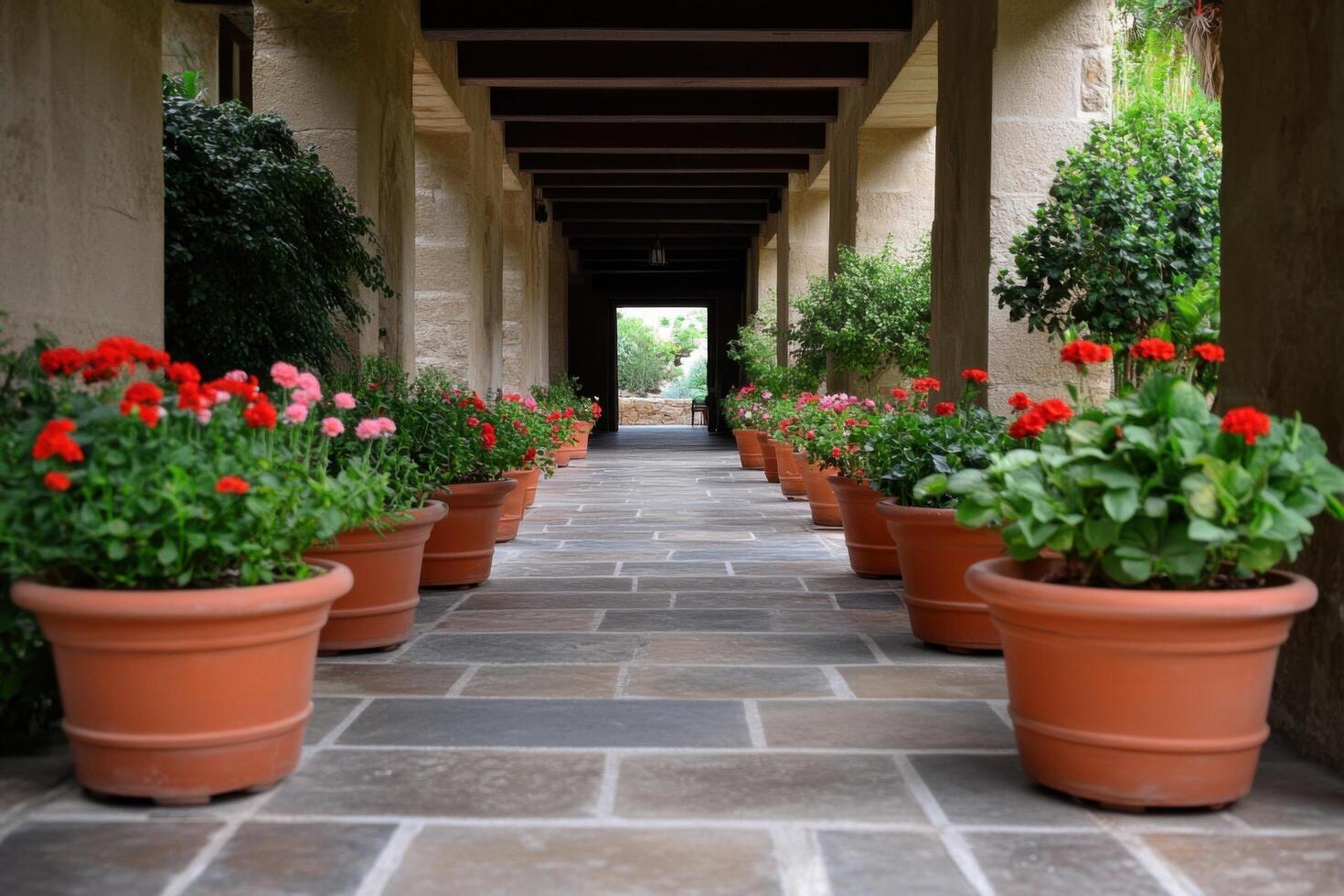 A Serene Pathway Lined with Vibrant Flowers in Terracotta Pots photo