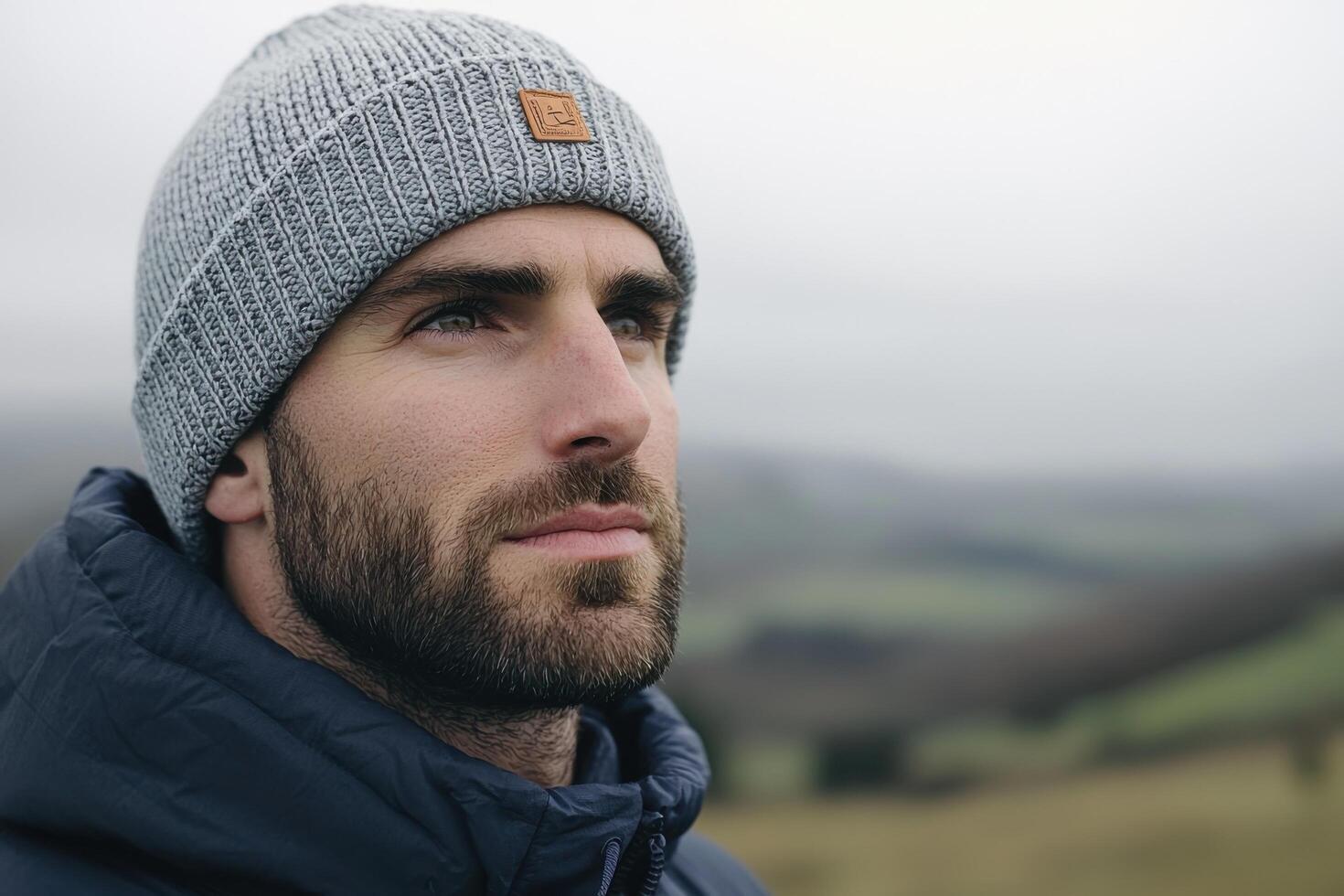 Stylish Man in Cozy Winter Beanie and Jacket, Capturing the Essence of Autumnal Serenity photo