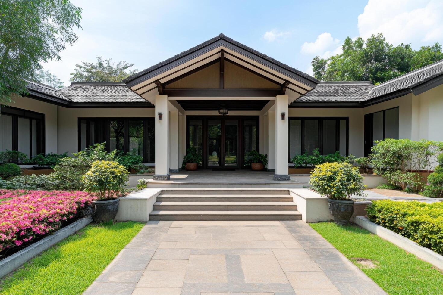 Stunning Modern House Entrance with Lush Landscaping photo
