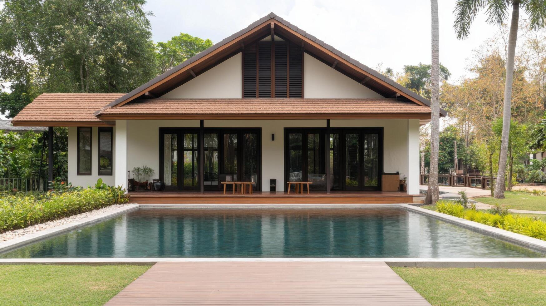 Serene Modern Villa with Tranquil Pool and Lush Garden photo