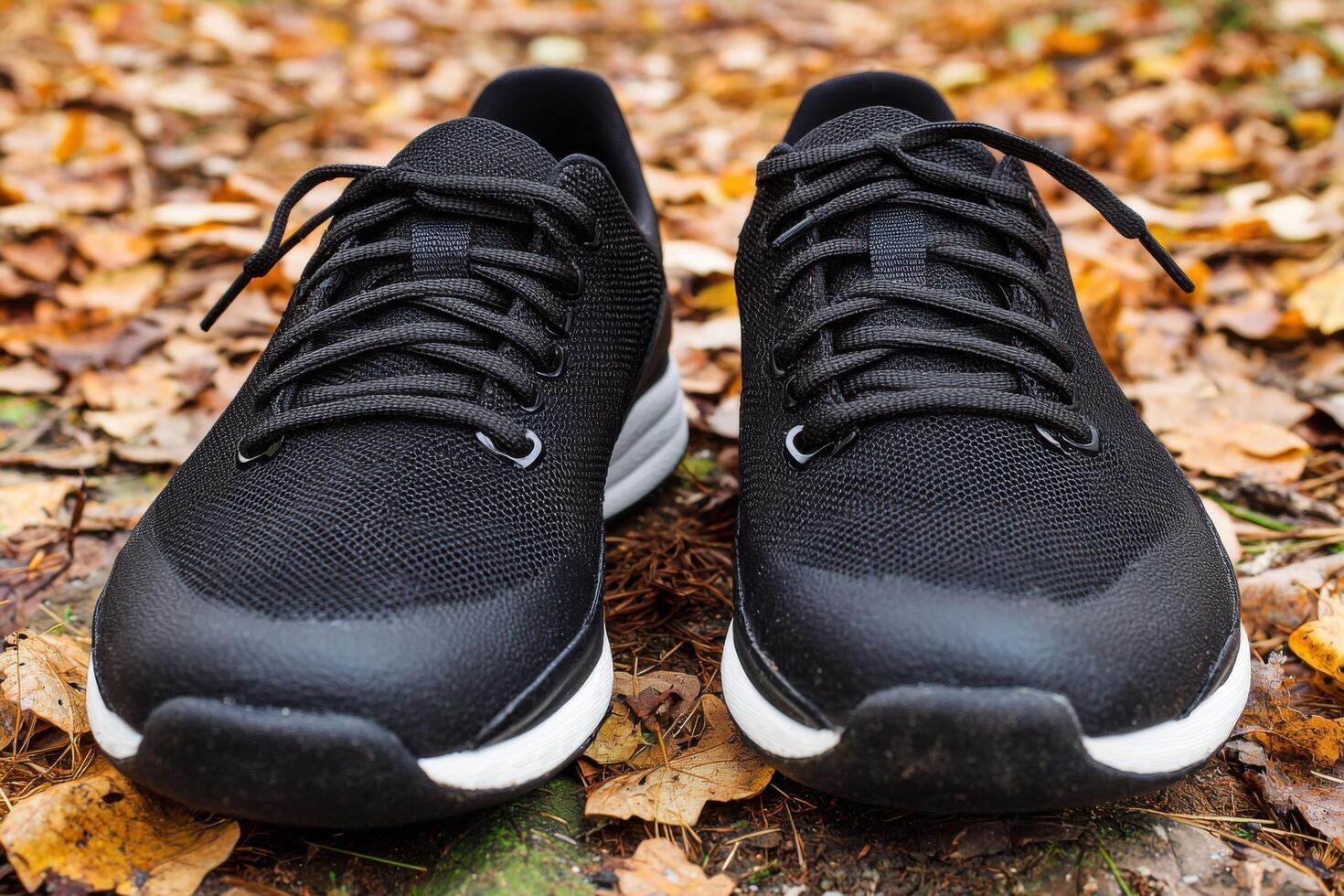 Stylish Black Sneakers on Autumn Leaves Perfect for Outdoor Activities photo