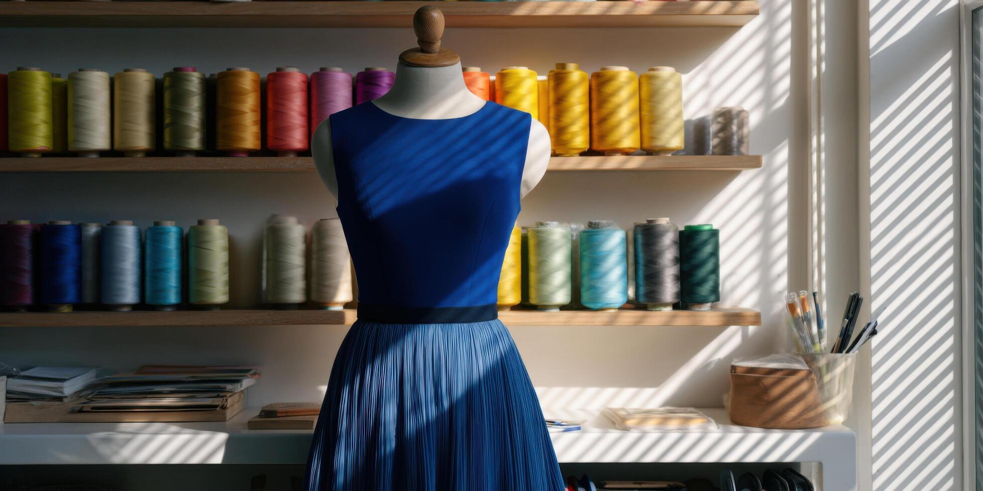 Elegant Blue Dress on Mannequin in a Stylish Sewing Studio photo