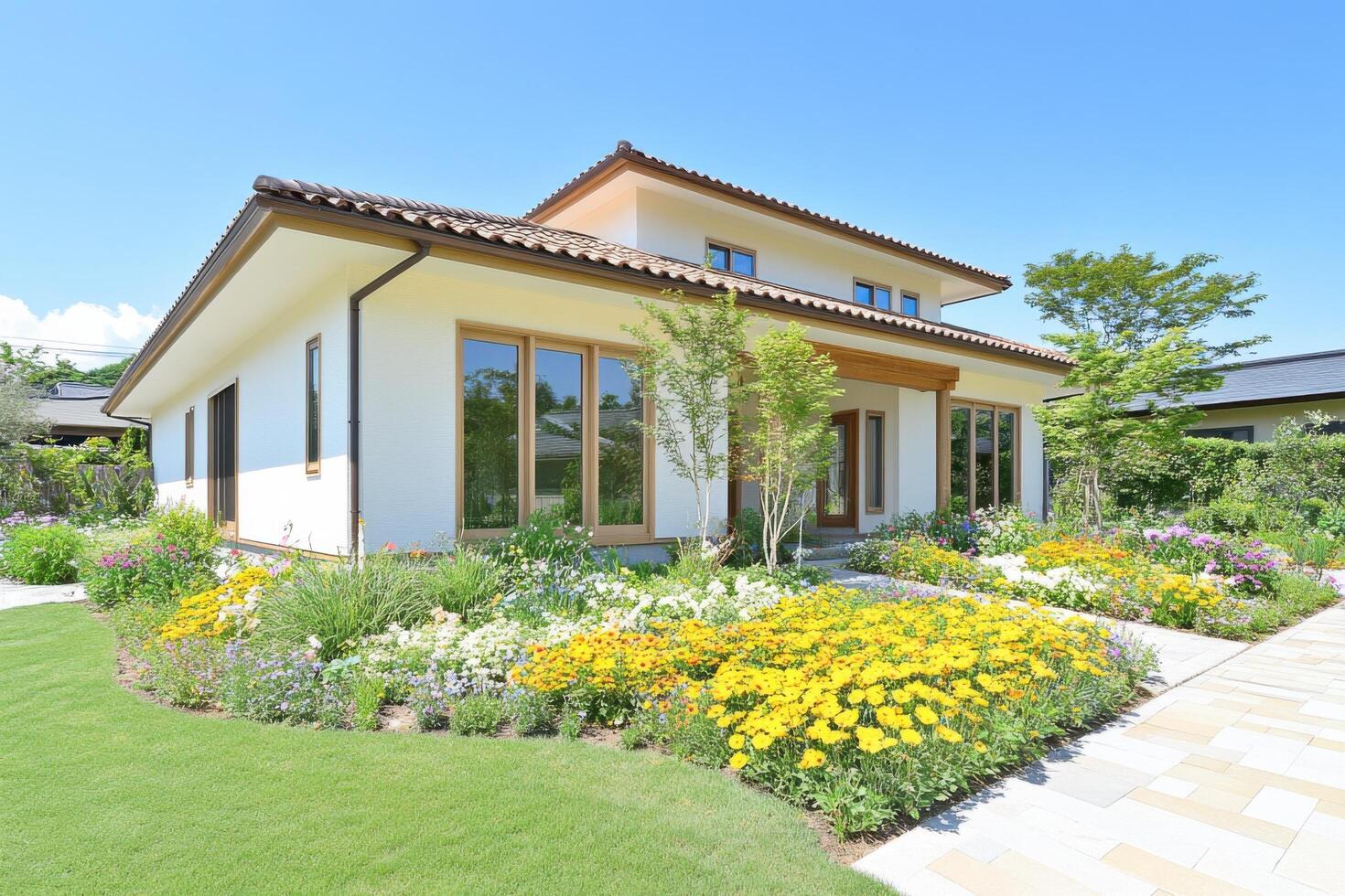 Stunning Modern Home with Vibrant Landscaping photo
