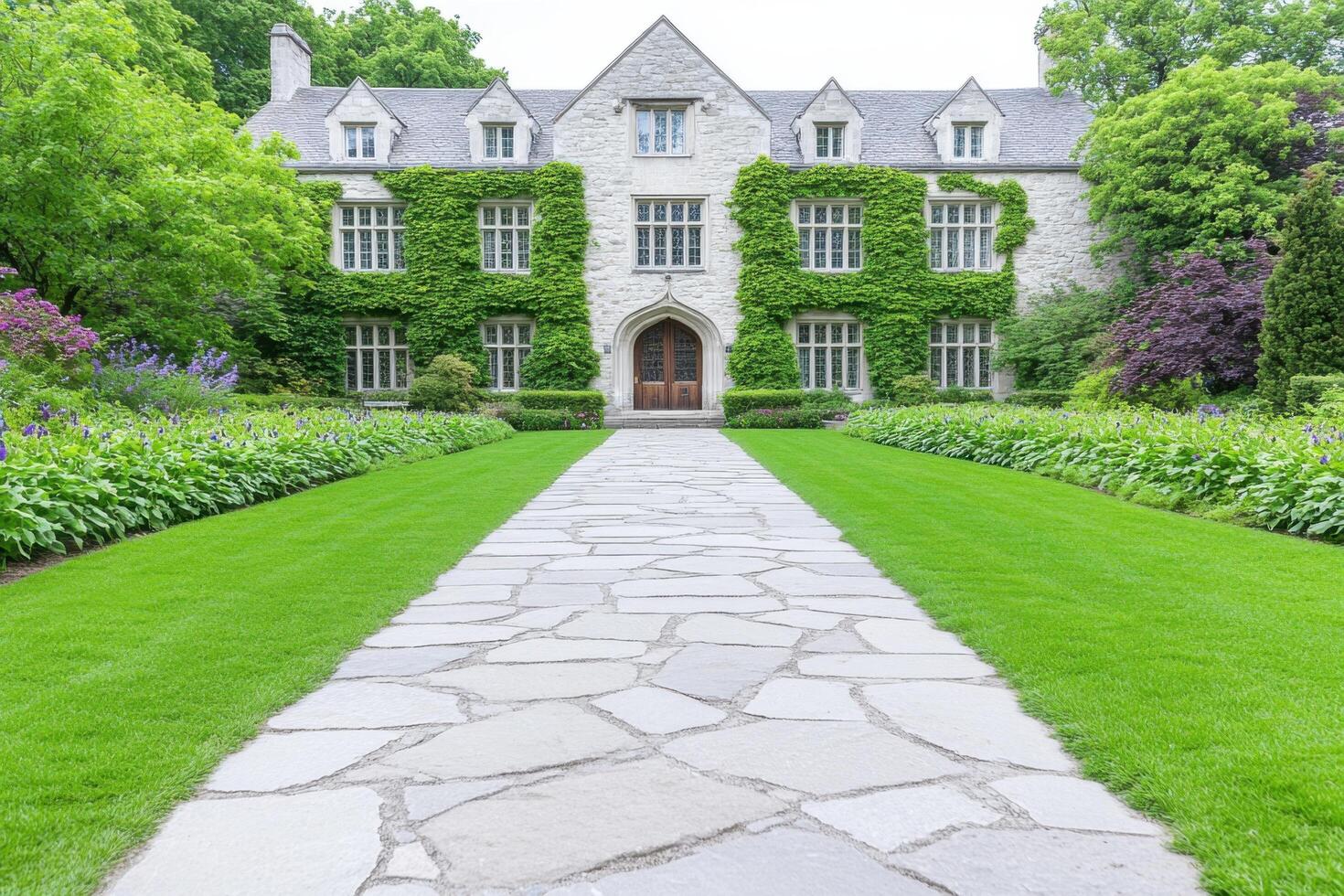 Elegant Stone Pathway Leads to Historic Ivy Covered House photo