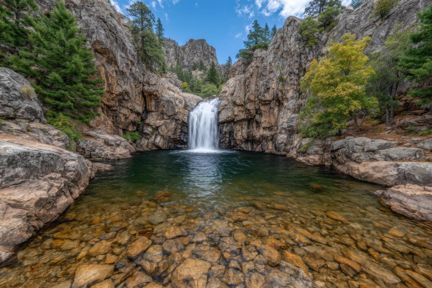 Serene Waterfall Cascading into Crystal Clear Pool A Breathtaking Mountain Landscape photo