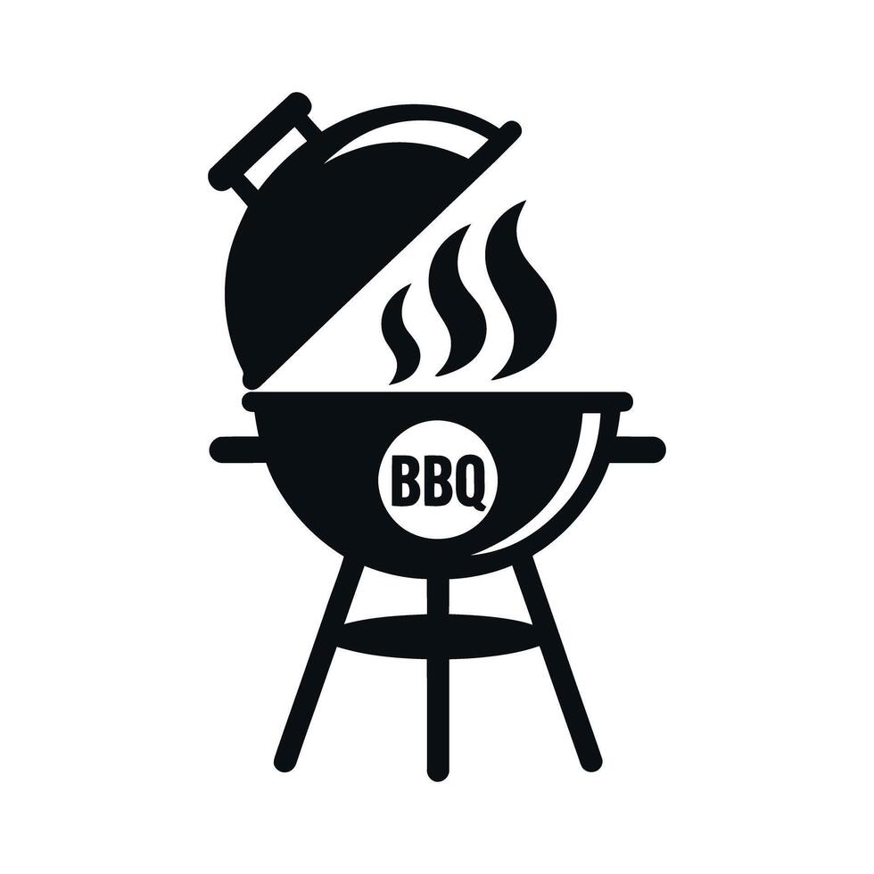 Simple Black and White BBQ Grill Icon with Smoke Emanating from the Grill for Summer Cookouts and Outdoor Events vector