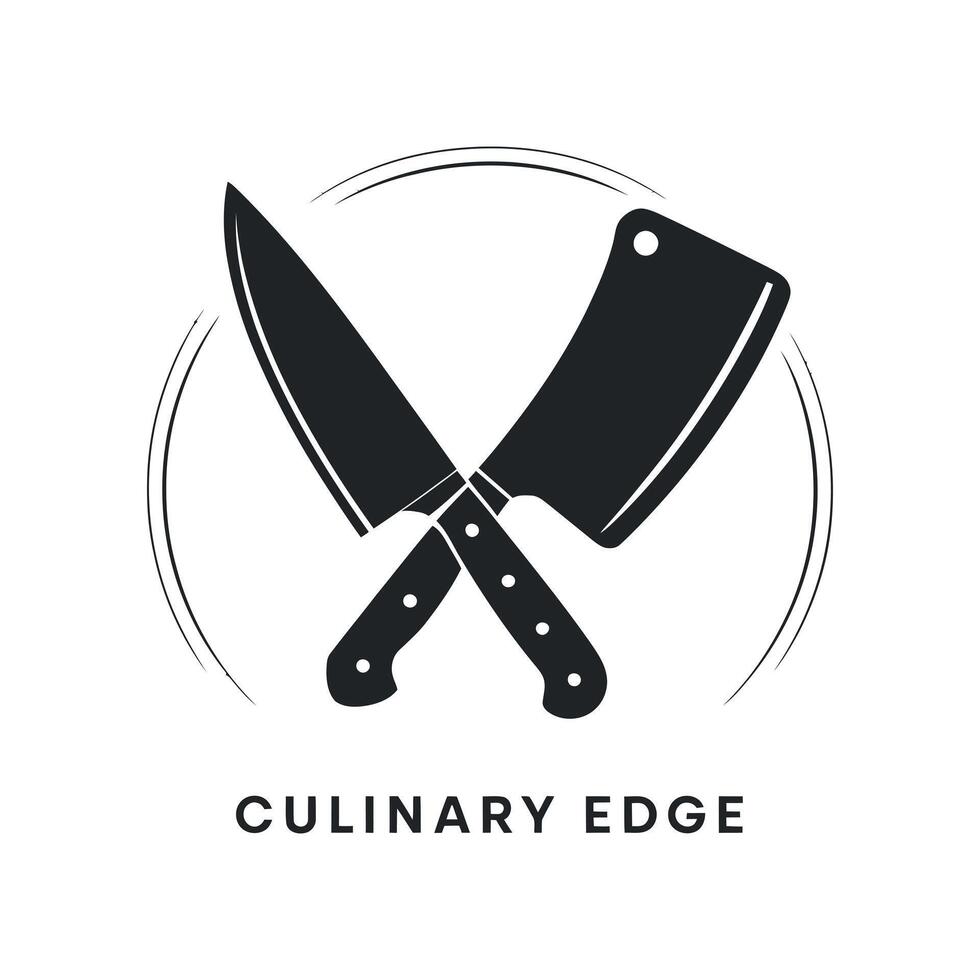 Minimalist Culinary Logo Design Featuring Crossed Chef s Knife and Meat Cleaver in Black and White with Culinary Edge Text Below the Icon vector