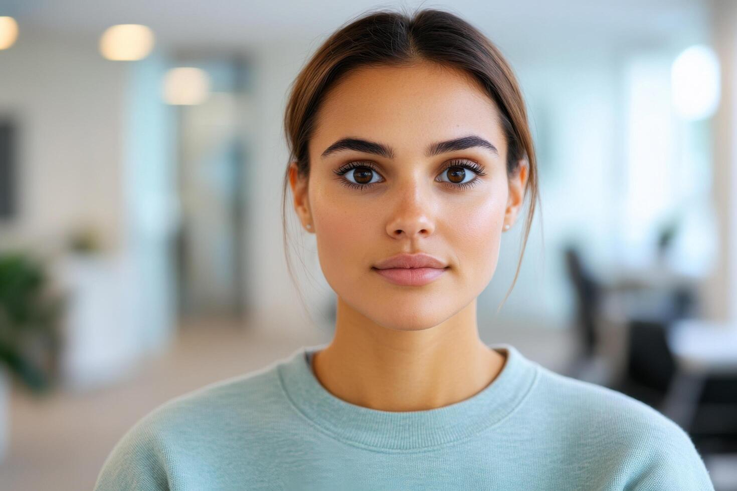 Portrait of a confident woman in an office, with a blurred background photo