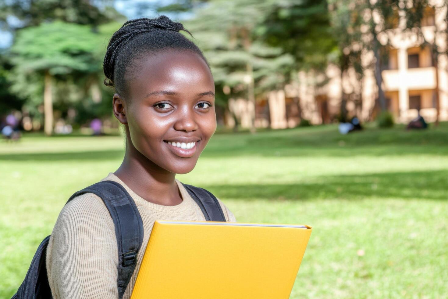 Smiling Student Holds Books in a Campus Setting photo