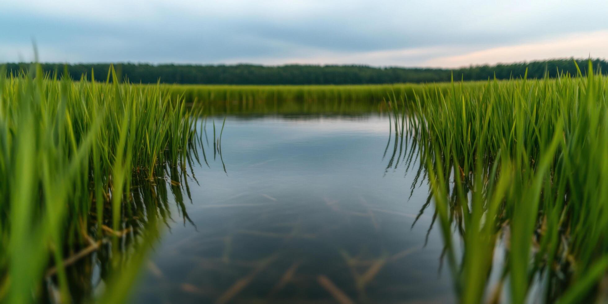 Serene Waterway Reflections in a Lush Green Field photo