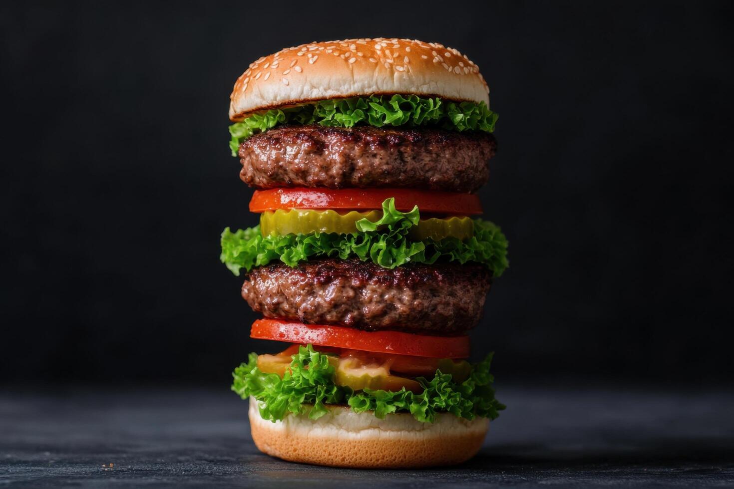Mouthwatering Double Beef Burger A Culinary Delight. Indulge in this juicy, layered burger, featuring succulent beef patties, cris photo