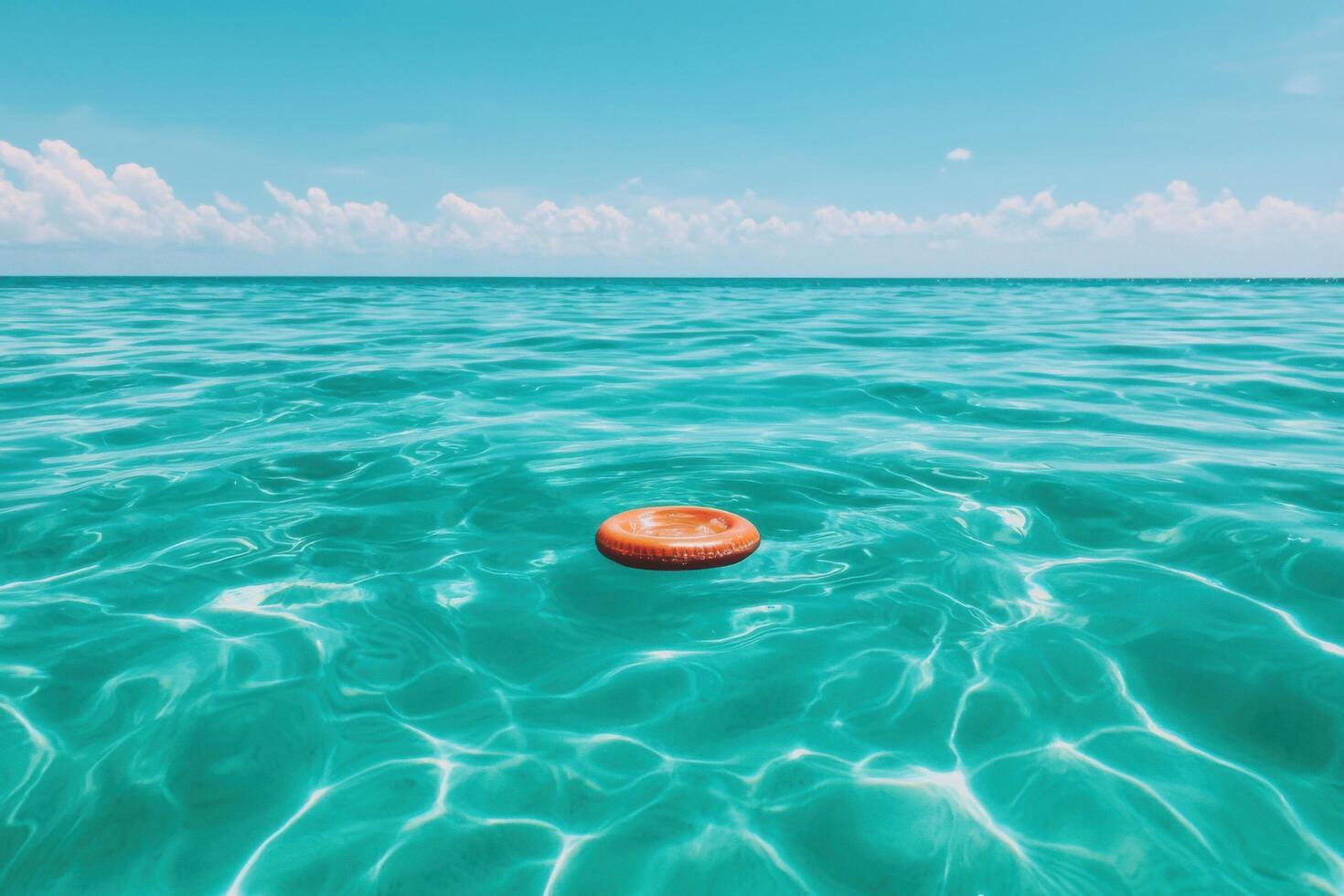 Orange inflatable ring floating on a calm turquoise ocean under a vibrant blue summer sky. A serene and tranquil seascape, perfect photo