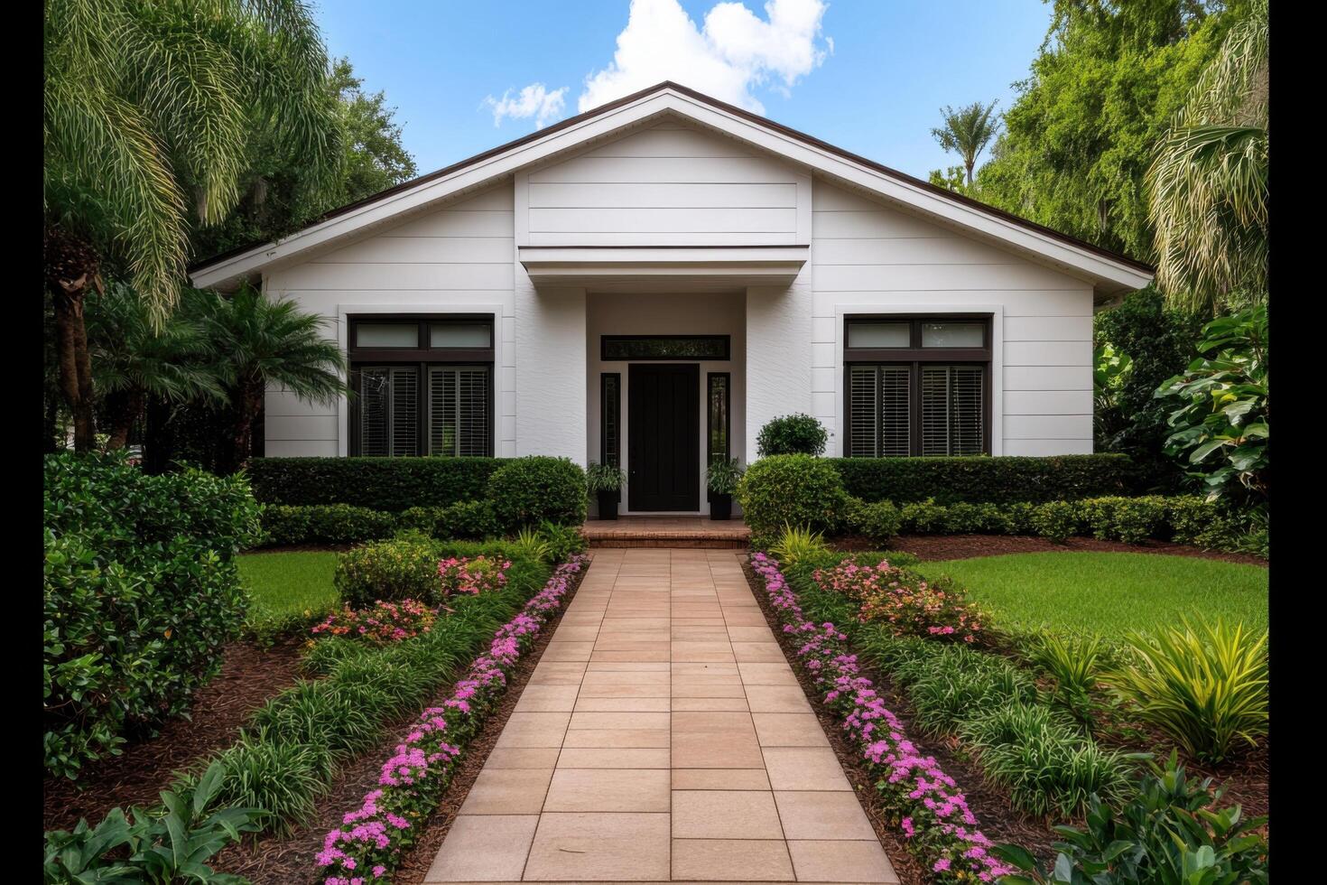Luxury Modern Home Exterior Stunning Architecture and Landscaping. This contemporary house features a beautiful walkway, lush gard photo