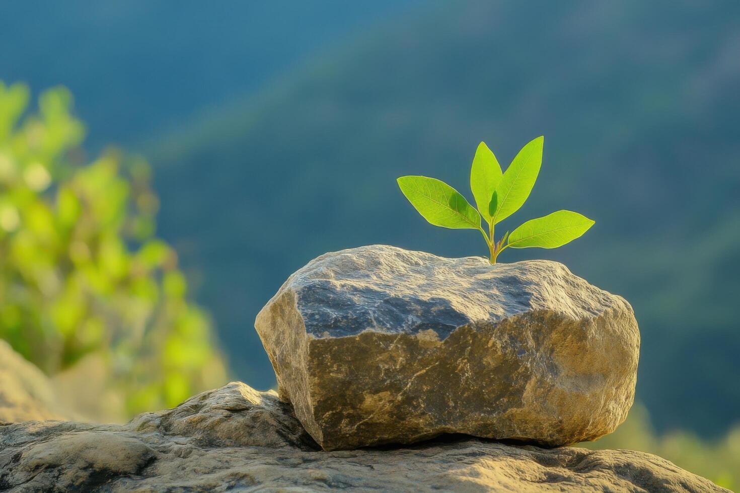 A resilient sprout emerges from a rock, symbolizing nature's tenacity and the beauty of new beginnings amidst a serene mountain la photo