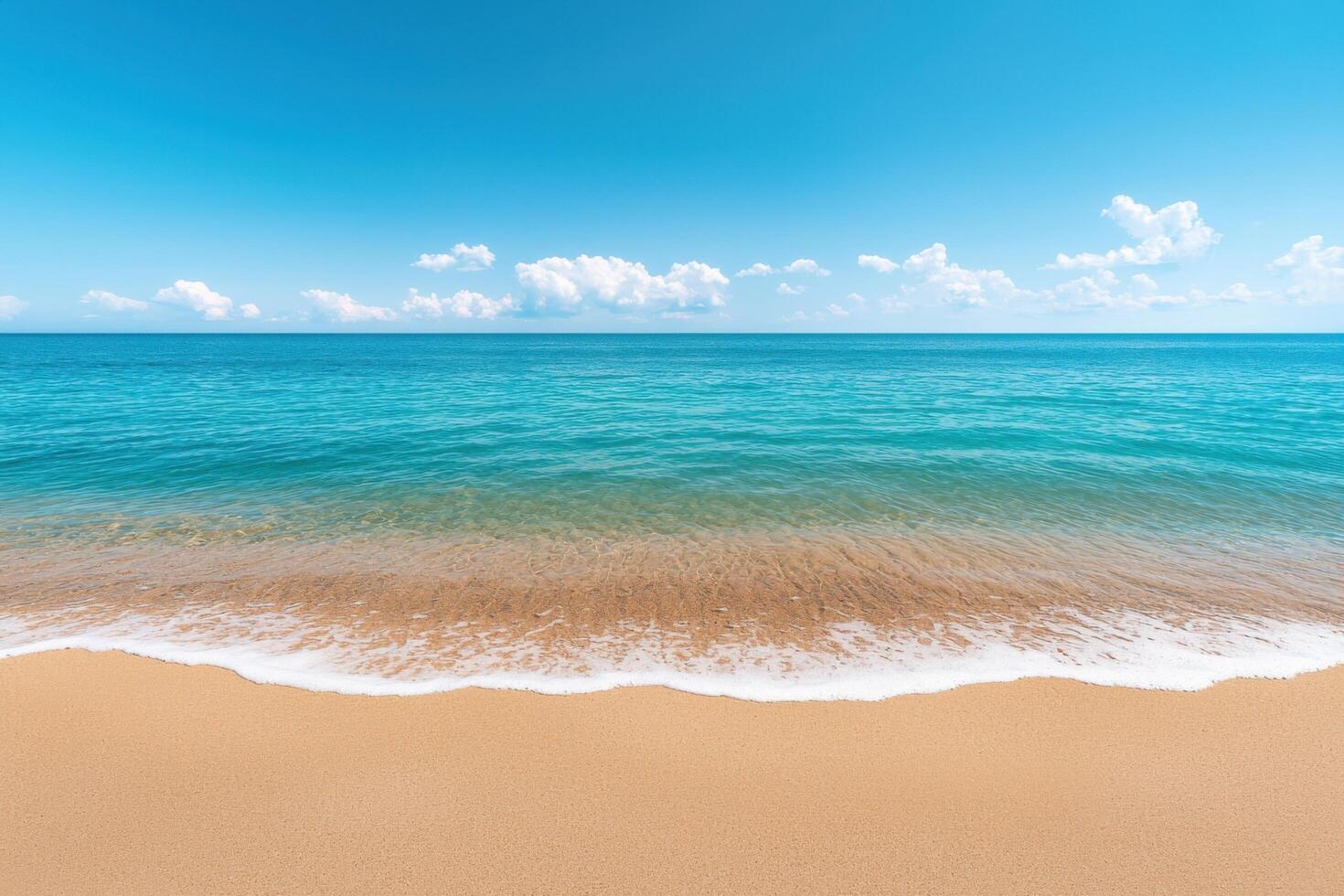 Serene Seascape A Breathtaking View of a Sunny Beach, Azure Ocean, and Tranquil Horizon. Perfect for Relaxation, Vacation, and Travel Inspiration. photo