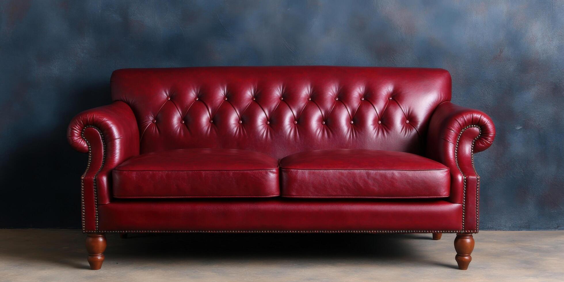 A luxurious crimson leather sofa with button tufting, adding a touch of vintage elegance to any modern interior. Perfect for creat photo