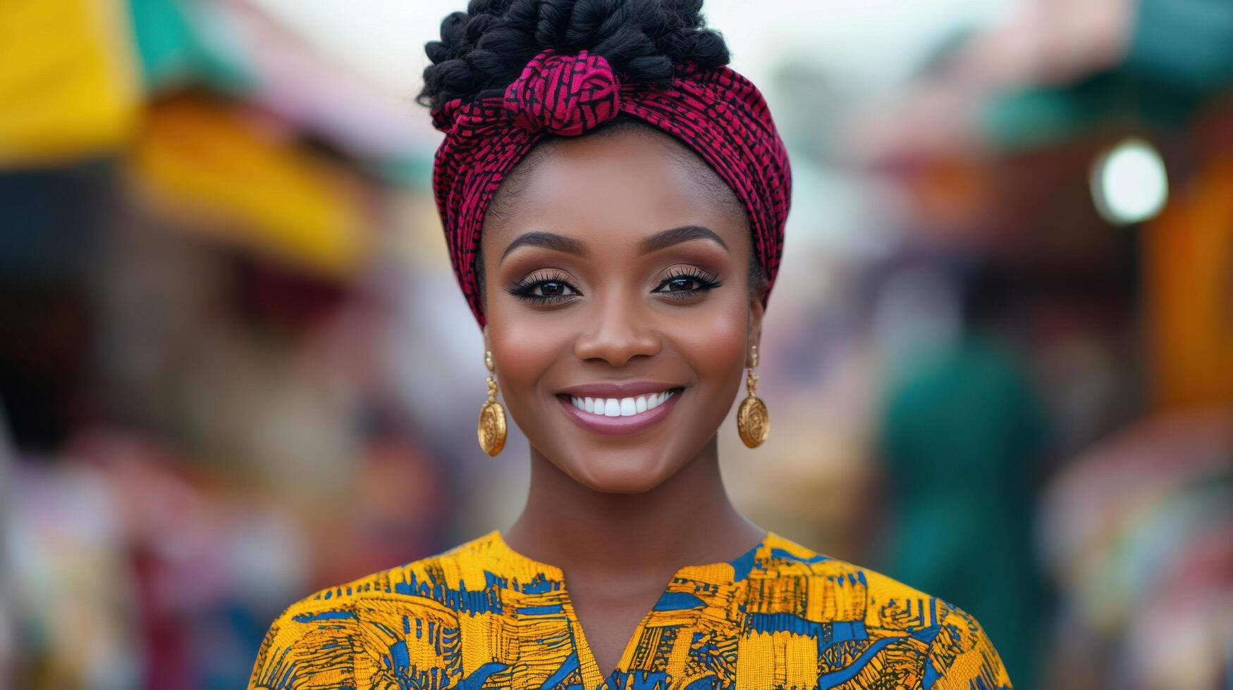 Portrait of a beautiful African woman with a vibrant smile, wearing a stylish headwrap and traditional clothing. Her radiant expre photo