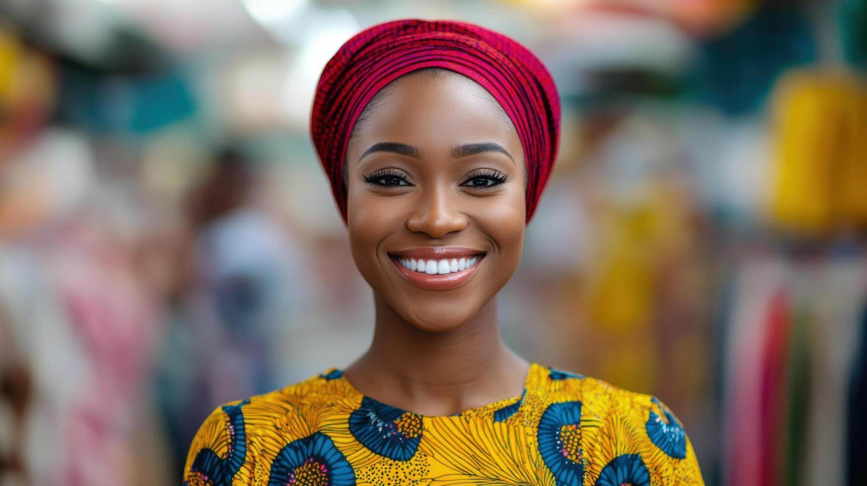 Portrait of a beautiful African woman wearing a vibrant headwrap and dress. Her radiant smile and confident pose exude elegance an photo