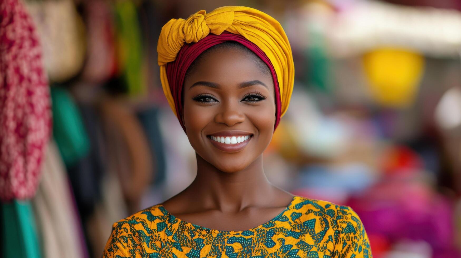 A radiant African woman in a vibrant headwrap and dress, exuding confidence and joy. Her captivating smile reflects her positive e photo