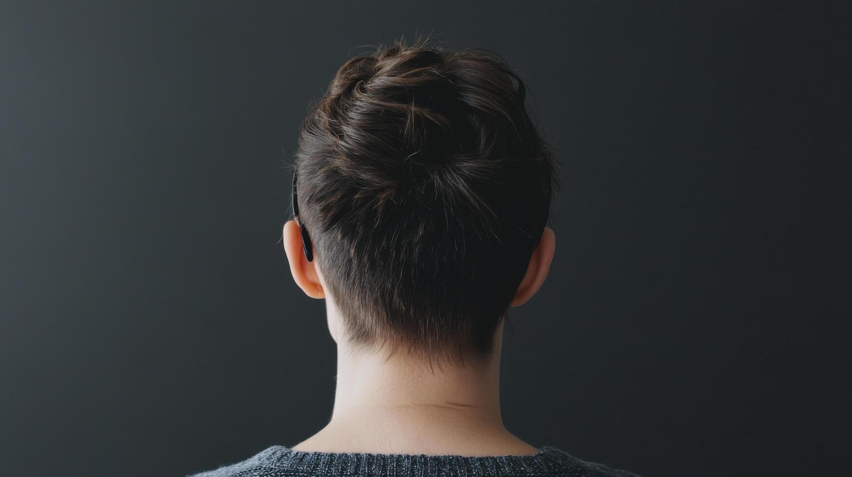 view of a woman's back, showcasing her short, stylish bun hairstyle. The image is a portrait style studio shot against a dark back photo