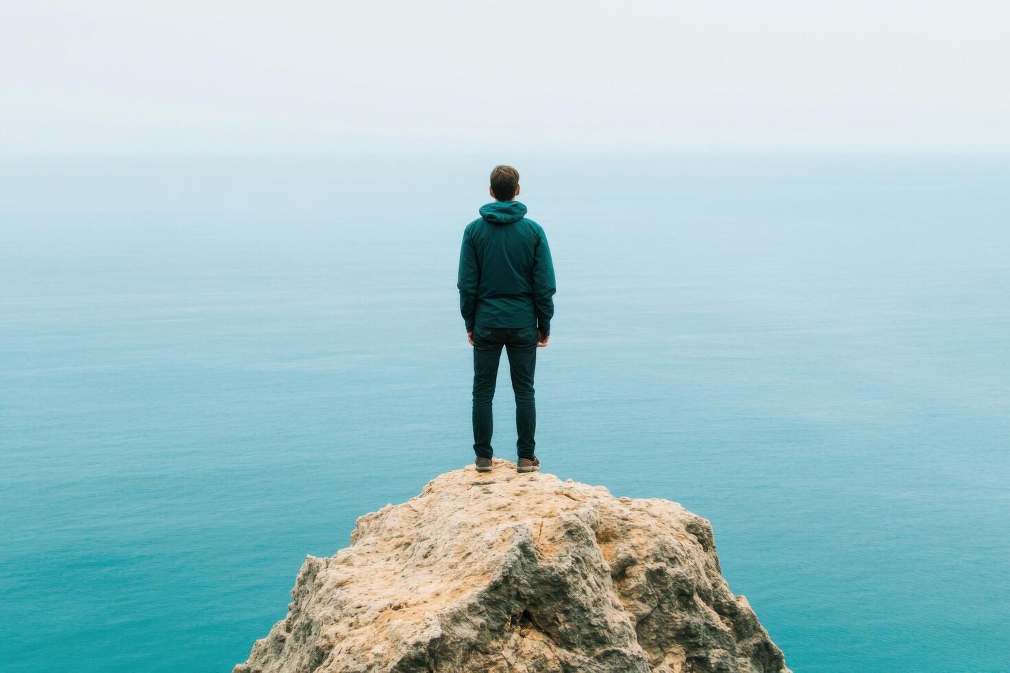 Contemplation at the Cliff's Edge A Man Gazes Upon the Vast Ocean, Finding Serenity in the Solitude of Nature's Majesty. The bound photo