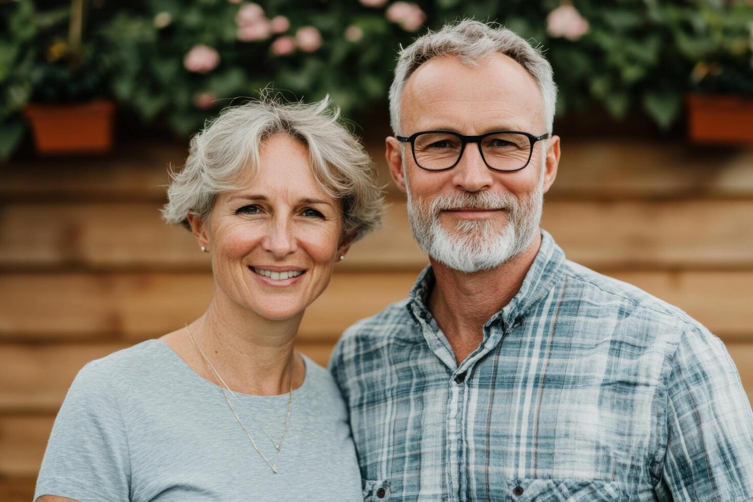 A heartwarming portrait of a happy senior couple, smiling radiantly. This image captures the essence of love, companionship, and t photo