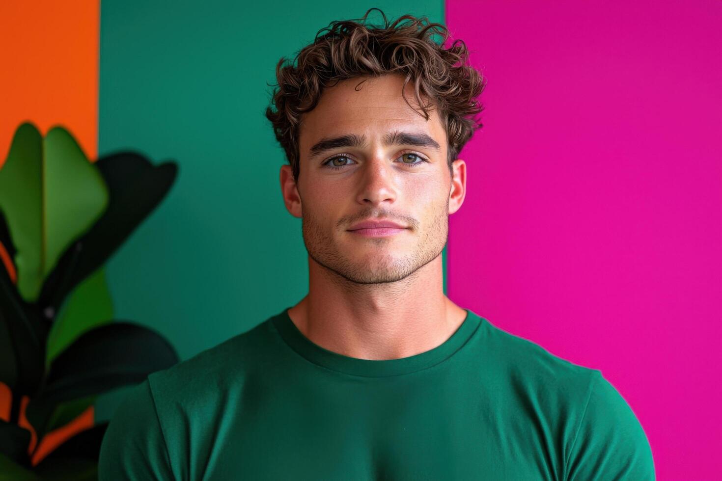 A captivating portrait of a young, handsome man with curly hair. He is dressed in a stylish green shirt and is looking directly at photo