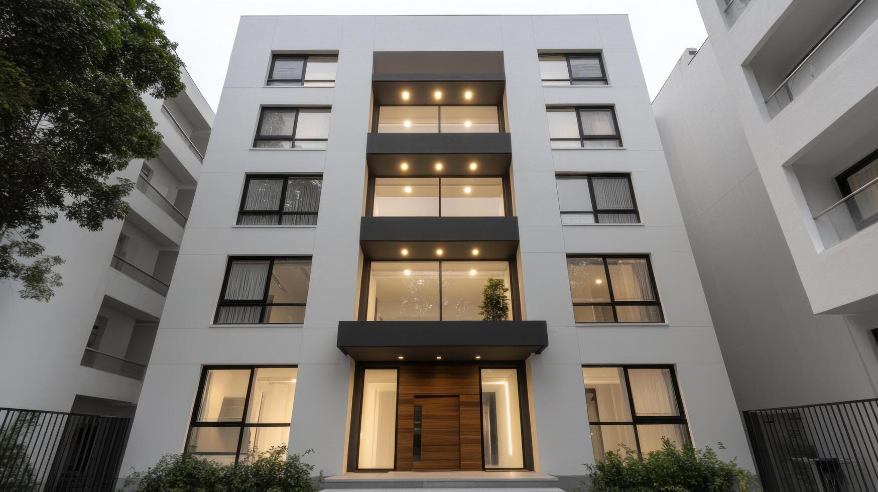 Modern Architectural Design Luxurious Townhouse Exterior at Night. The building's contemporary facade, featuring sleek lines, larg photo