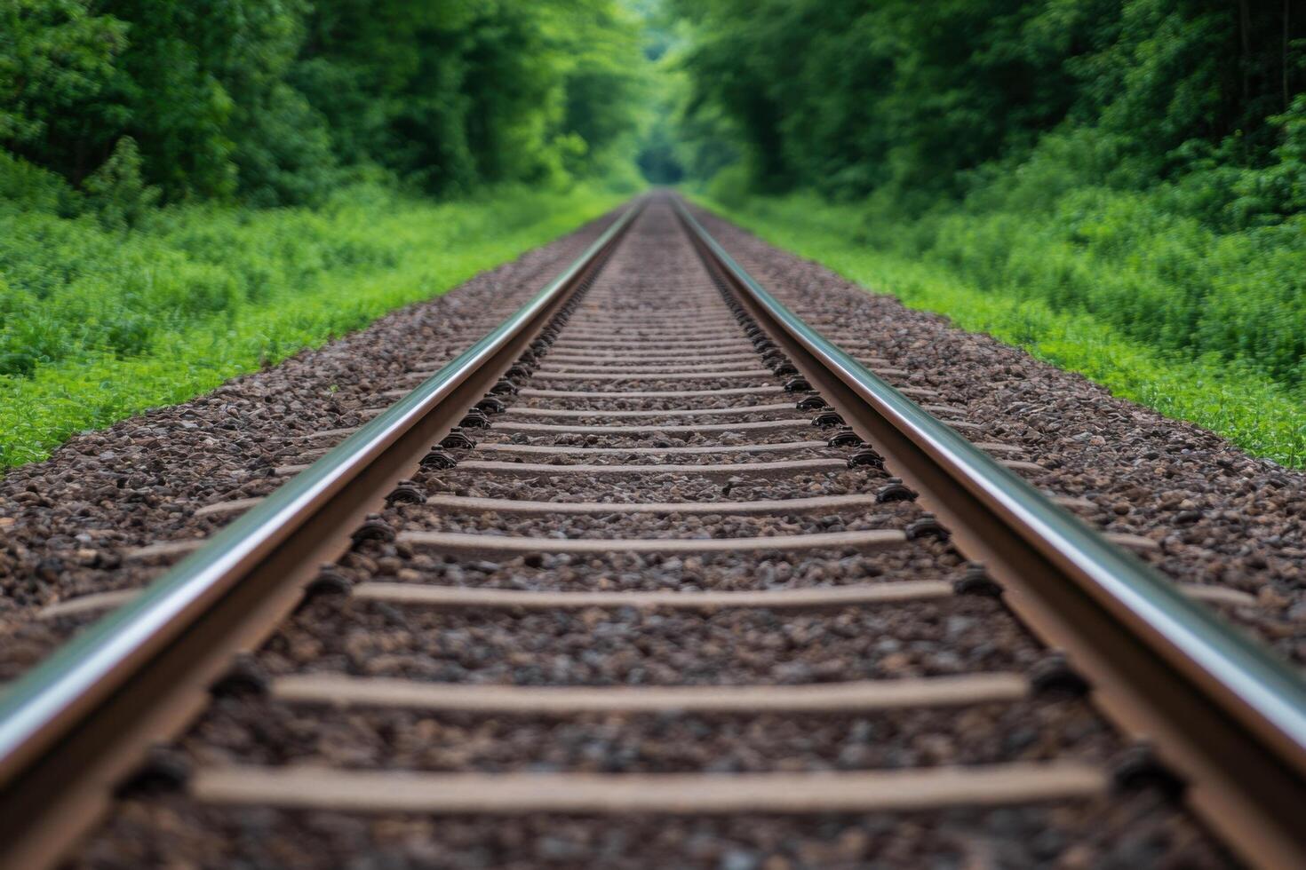 Railroad Tracks Through Lush Green Forest A Journey into Tranquility. The image showcases a picturesque railway line cutting thro photo
