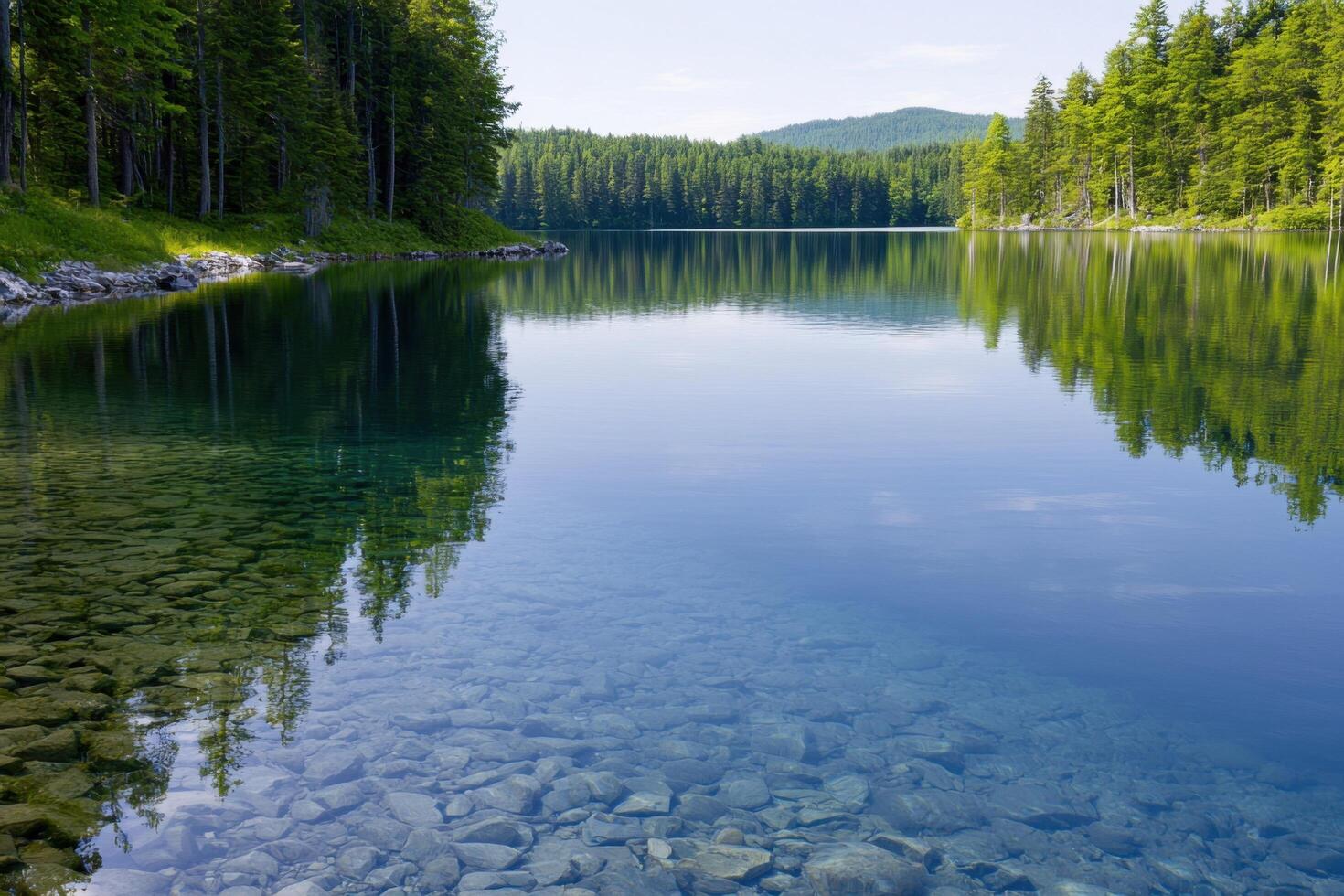 Crystal Clear Lake in the Forest A Serene Landscape of Nature's Beauty. Picturesque summer day view of a calm lake with crystal cl photo