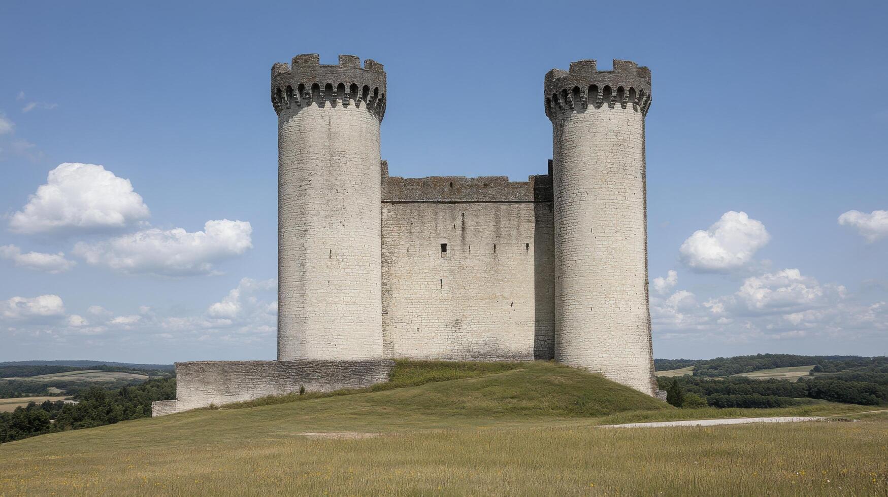 Majestic Medieval Castle Awe Inspiring Stone Fortress on a Hilltop, Basking in the Summer Sun. Explore its Ancient Walls and Tower photo