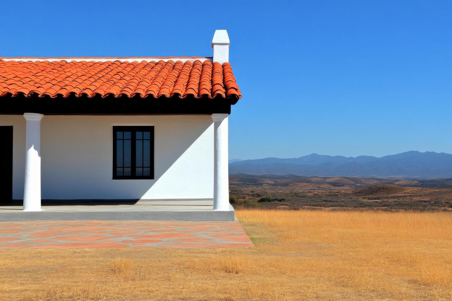 Mediterranean House with Mountain View A Stunning Architectural Design in a Dry Landscape. The house features a red tile roof, whi photo