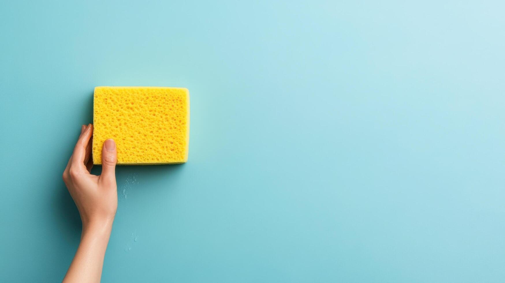 Bright Yellow Cleaning Sponge in Hand on Blue Background A Minimalist Photo of Cleaning Supplies, Representing Home Hygiene and Da