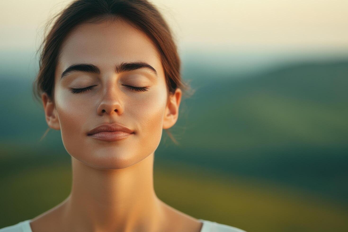 Serene Woman Portrait Peaceful, Calm, and Relaxed Expression in Nature's Embrace. A Captivating Image Showcasing Tranquility and I photo