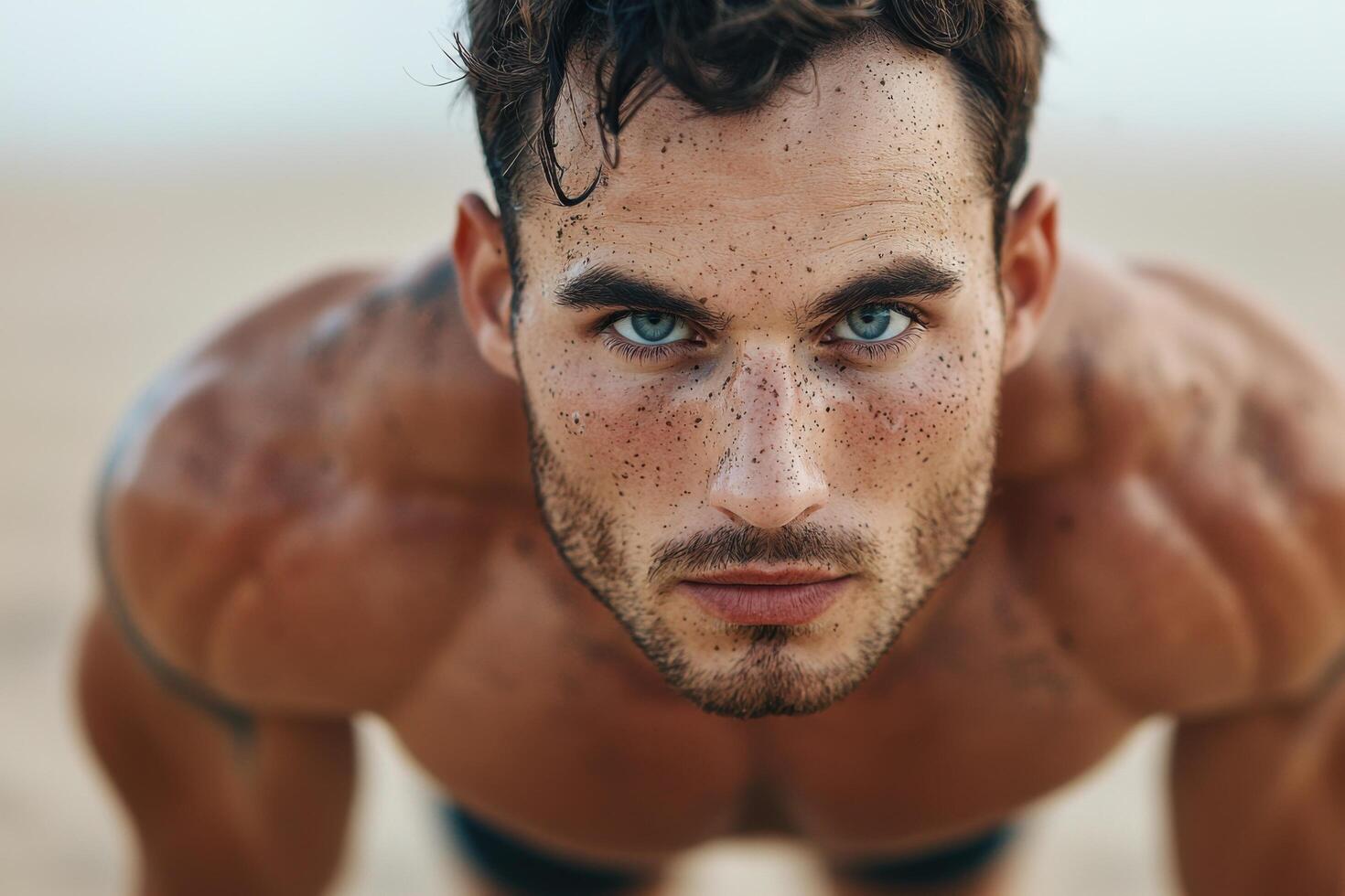 A captivating portrait of a muscular man with freckles, showcasing his athletic physique and intense gaze. The image evokes a sens photo