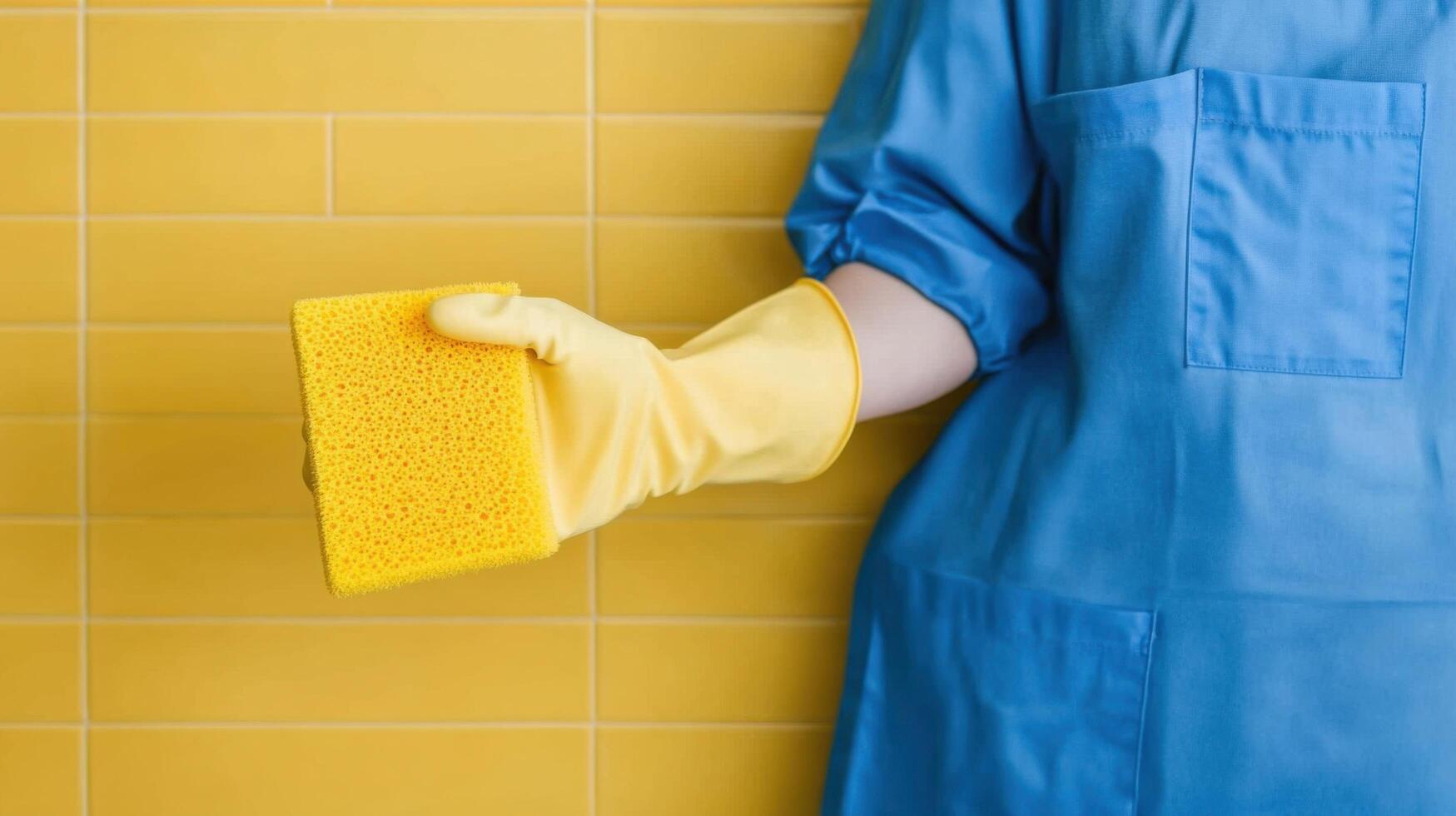 Person in blue uniform cleaning with yellow sponge and gloves. High quality image of cleaning supplies and domestic tasks. Focus o photo