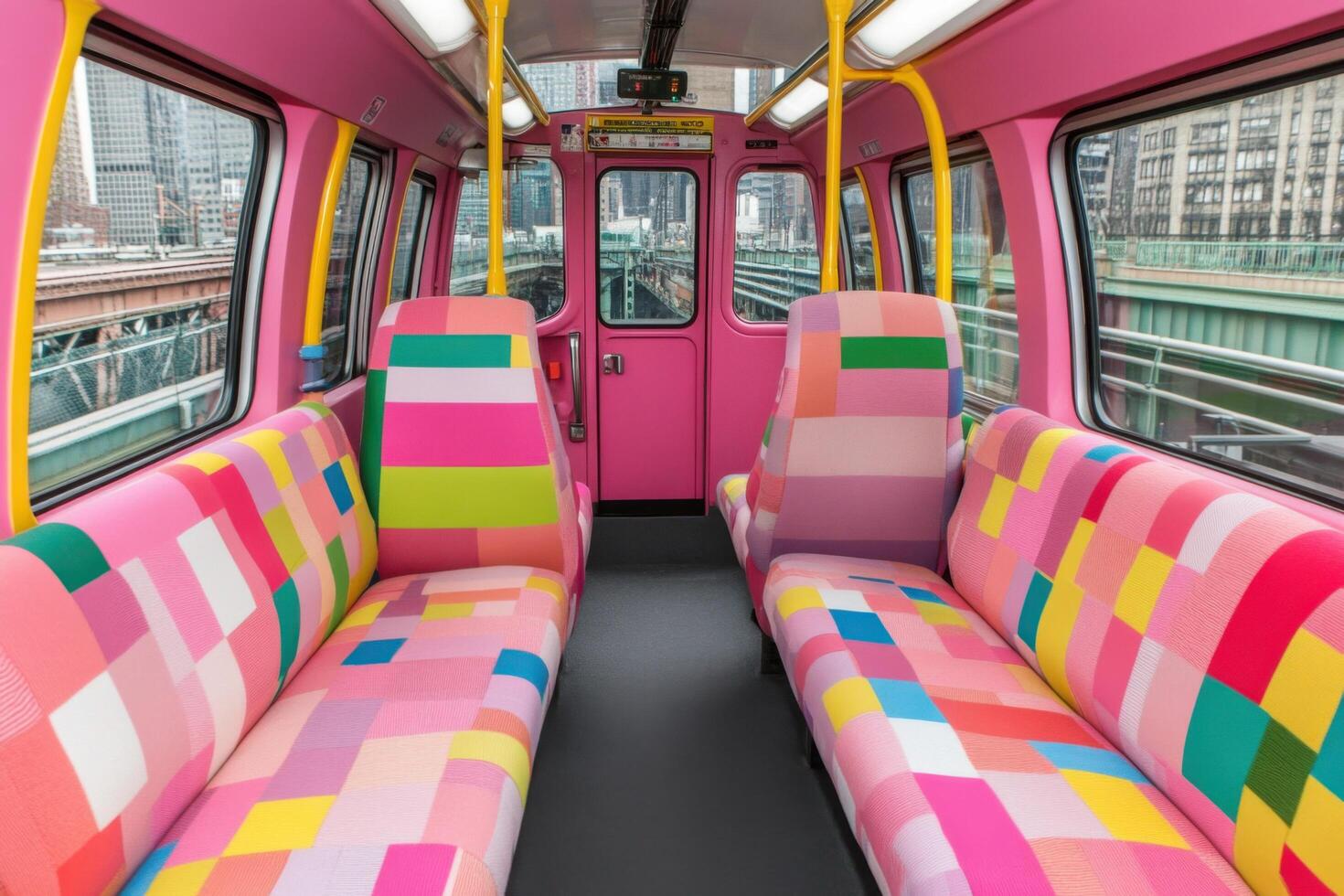 A vibrant and colorful public transportation interior design. This image showcases a modern train's interior with pink seats featu photo