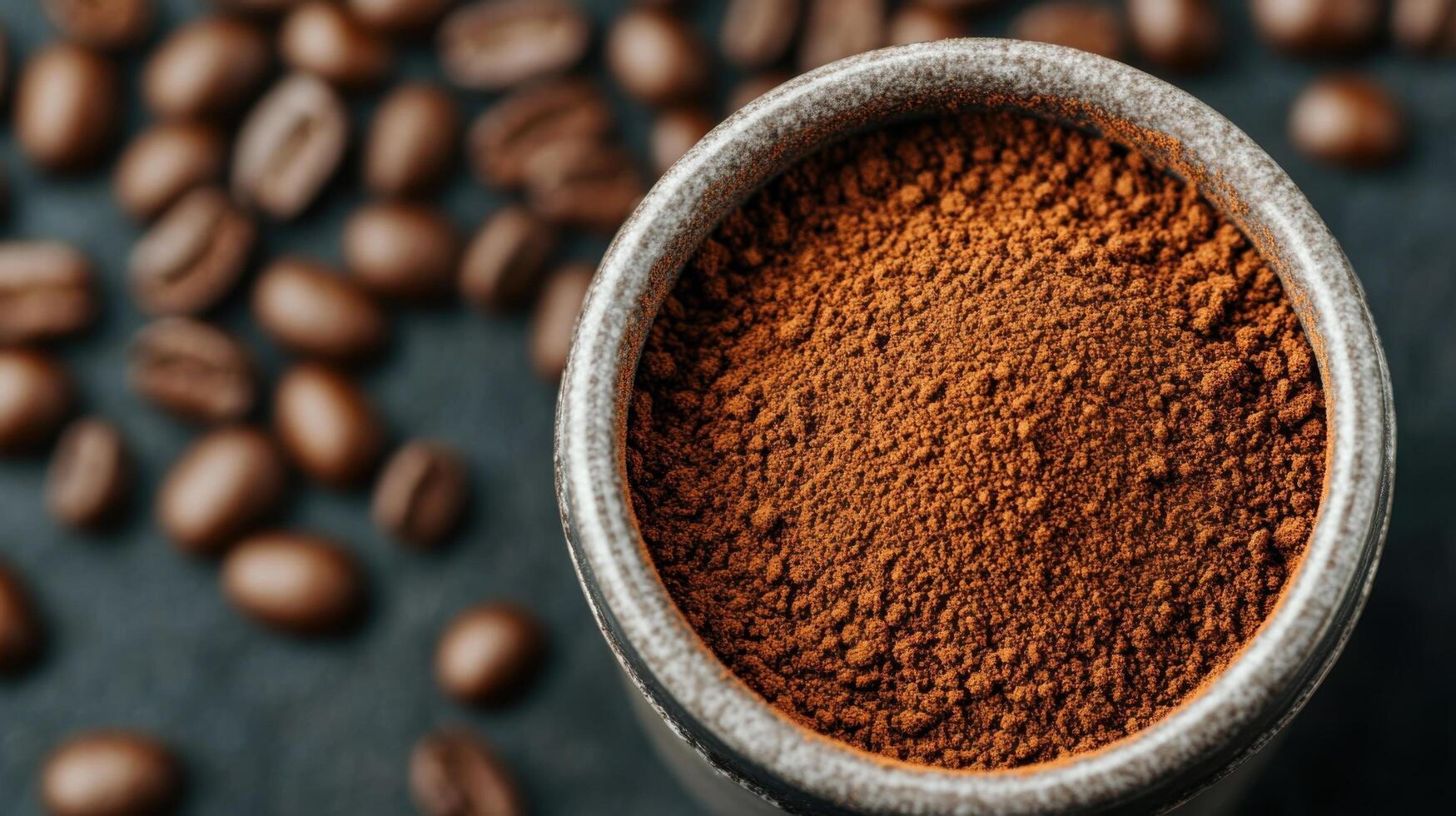 of Aromatic Ground Coffee Beans and Powder A Detailed Look at the Rich, Dark Brown Coffee Texture, Perfect for Brewing a Delicious photo